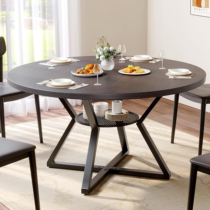 Concho 47" Round Kitchen Dining Room Table for 4-6 Circle Dining Dinner Table with Pedestal Metal Frame,Space Saving Wood Kitchen & Dining Room Furniture, Dark Coffee Gray
