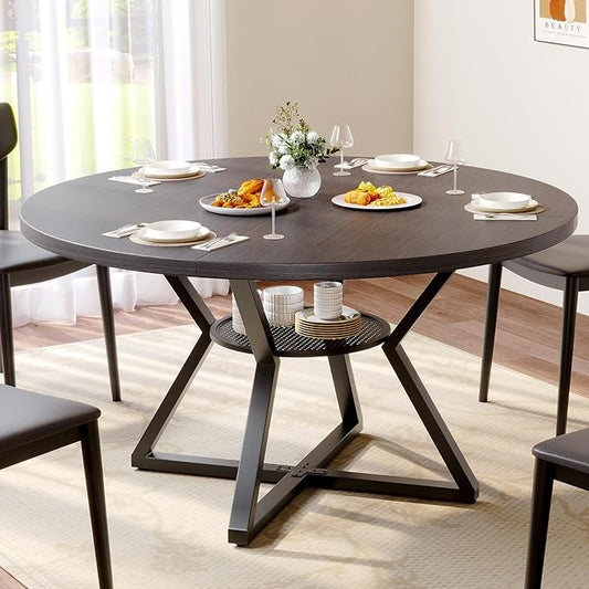 Concho 47" Round Kitchen Dining Room Table for 4-6 Circle Dining Dinner Table with Pedestal Metal Frame,Space Saving Wood Kitchen & Dining Room Furniture, Dark Coffee Gray
