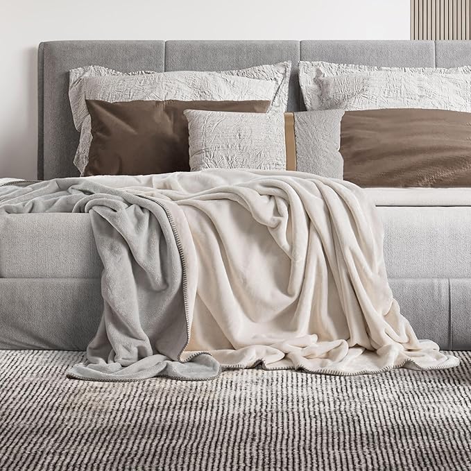 Mon Chateau 112" x 92" Haven Reversible Flannel Throw Blanket for Couch, Sofa, or King Size Bed, Luxury Over-Sized Ultra Soft Plush Melange Blanket for Sleeping or Home Decor, Silver Fog
