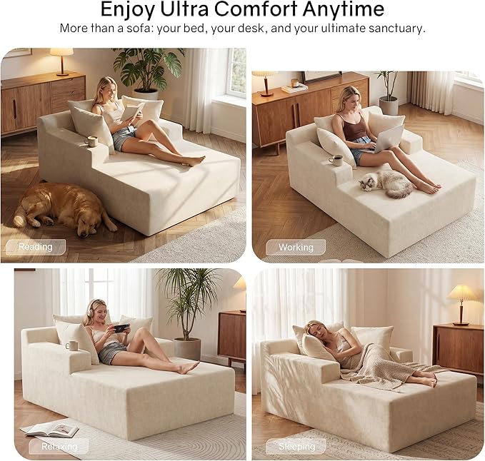 66" Chaise Lounge Chair Indoor, Oversized Boneless Lounge Chair with 3 Pillows, Chenille Cloud Reading Chair for Living Room Bedroom, Deep Seat Sleeper Couch, No Assembly Required