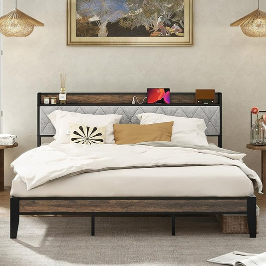 Sweetcrispy King Bed Frame with Headboard, Storage Headboard with USB Charging Station, Durable Squeak-Free Frame, Simple No-Tool Assembly,Works with King Mattress No Box Spring Needed