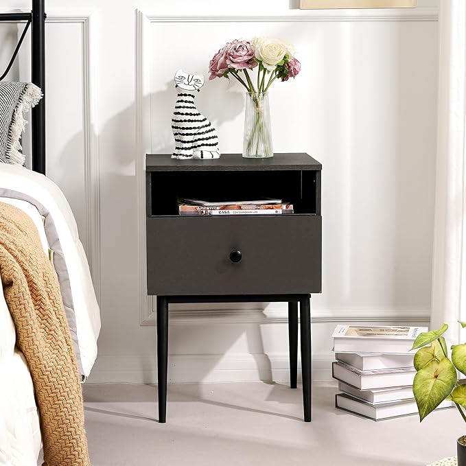 VECELO Night Stand for Bedroom Set of 2,Modern Solid Wood Nightstand with Storage Shelf and Drawer, Bedside Table End Table for Living Room,Bedroom,Entryway,Easy Assembly,Gray