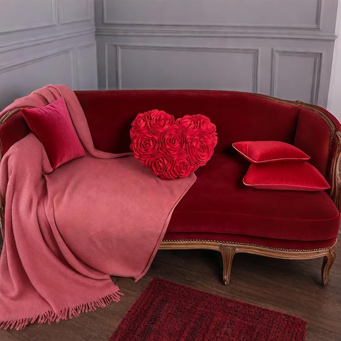 JWH Heart Flower Throw Pillow Covers Decorative Floral Shaped Accent Cushion Soft Pillowcase for Sofa Couch Living Room Bed Chair 14x16 Inches Red