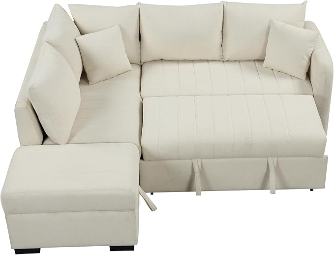 Merax Sofa Bed Sleeper Couch L Shaped Sofa with Storage Ottoman, L-Shape Sectional Couch with 2 USB Ports, 2 Power Sockets for Living Room and Small Apartment (Beige)