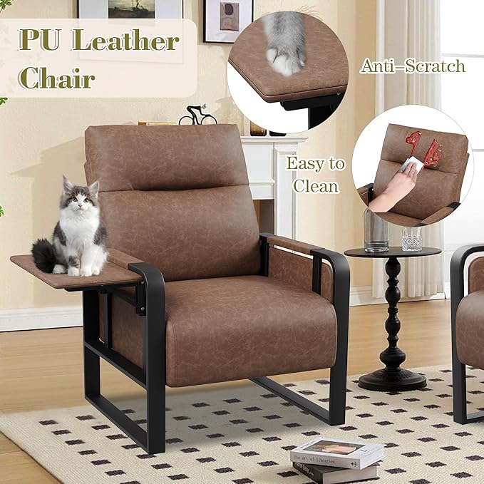 Accent Chair with Foldable Side Table PU Leather Upholstered Armchair for Bedroom Modern Living Room Chairs Office Chair Dark Brown
