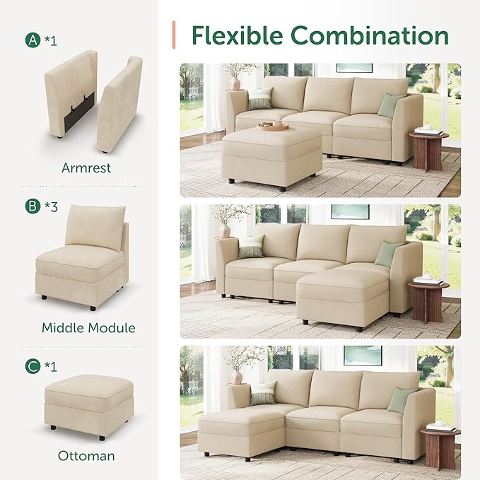 HONBAY Modular Sectional Sofa with Storage L Shaped Sectional Sofa, Convertible Couches for Living Room - Beige