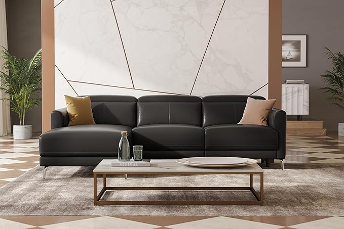 Valencia Andria 99.5" Reclining Leather Sectional Sofa, 3 Seater Reclining Couch with Left Hand Chaise | Italian Nappa 11000 Top Grain Leather | Power Reclining Seat with Adjustable Headrests - Black