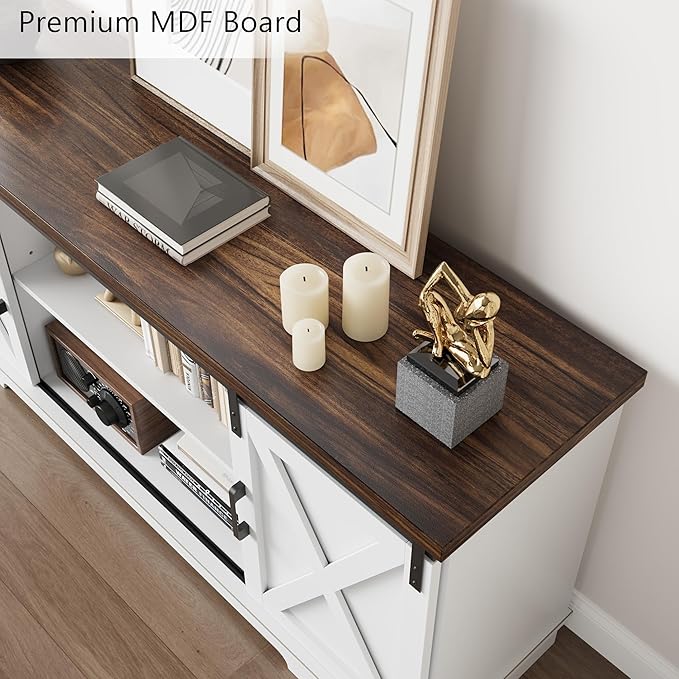 GarveeHome Farmhouse Tv Stand for 65 in TVs, Entertainment Center with Sliding Barn Doors and Adjustable Shelf, Modern Media TV Console TV Stand Table for Living Room, Bedroom, White