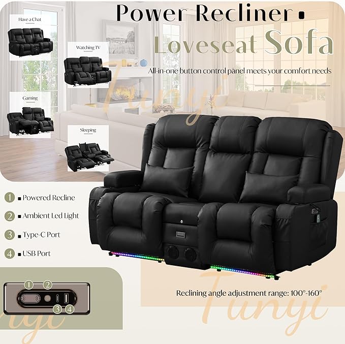 TUNYI Power Loveseat Recliner Sofa, Faux Leather Reclining Sofa with Console RV Reclining Loveseat Couch with USB/Outlet/Storage/Side Pocket/LED Light/Speaker (Black, Loveseat)