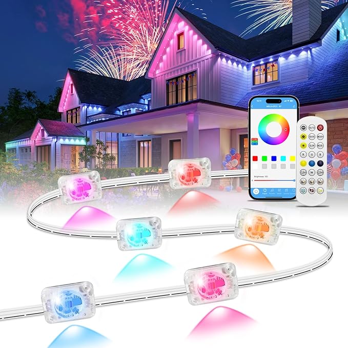 mw Permanent Outdoor Lights for House, 50ft RGB+IC Smart Outdoor Decor, 50 Scene Modes, App/Remote Control, IP68 Waterproof, House Eave Lights for Halloween, Christmas, Party Decor