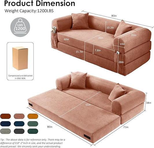 80" Convertible Sofa Bed, Corduroy Deep Seat Folding Pull Out Couch with Pillows, No Assembly Modern Boneless Couch Compression Sofa in Box, Floor Sofa with Storage Pocket for Living Room,Pink