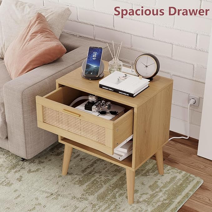 Irontar 17.7'' Wide Rattan Nightstand Set of 2, Bedroom Night Stand with Charging Station & Drawers, Boho Bed Side Table with Solid Legs, Accent End Side Table with Open Shlef, Natural