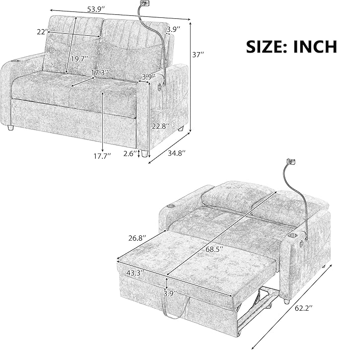 Merax Chenille 3-in-1 Pull Out Sleeper Sofa Bed Couch, 54" Convertible Futon Loveseat with Adjustable Backrest, 2 Cup Holders, Phone Stand, 3 Charging Ports and Storage Pockets for Living Room, Gray