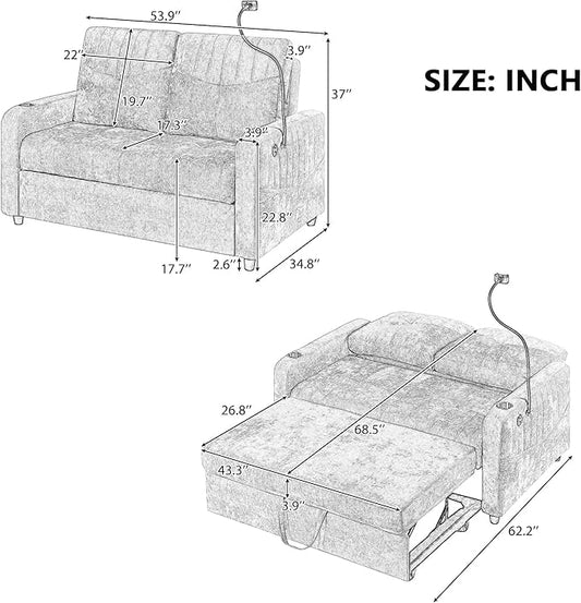 Merax Chenille 3-in-1 Pull Out Sleeper Sofa Bed Couch, 54" Convertible Futon Loveseat with Adjustable Backrest, 2 Cup Holders, Phone Stand, 3 Charging Ports and Storage Pockets for Living Room, Gray