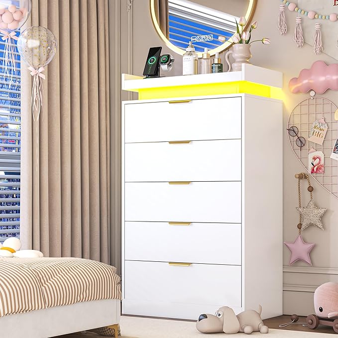 Tall Dresser for Bedroom, White Dresser with LED Lights, Wood 5 Drawer Chest with Power Outlet, Modern Chest of Drawers for Bedroom, Living Room, Entryway, Hallway