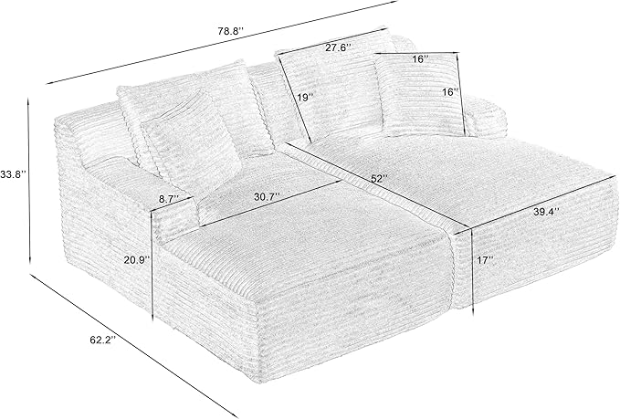 Oversized Double Chaise Lounge Chair Indoor Deep Seat Cloud Couch for Living Room 79" Plush Corduroy Upholstered Boneless Lounge Couch Cozy Sofabed with Throw Pillows and Wide Armrest for Home Office