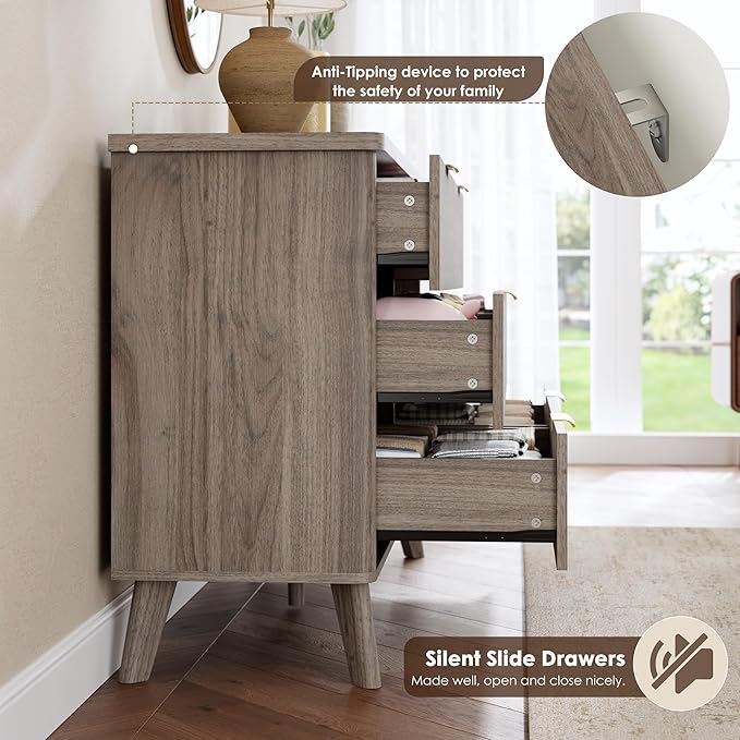 Garvee 6 Drawers Dresser for Bedroom, 47.2" Wide Dressers with Curved Profile Design, Fluted Wood Drawers with Gold Handle, Modern Chest of Dressers with Thickened Design for Living Room, Grey