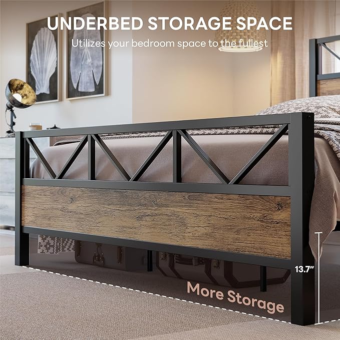 LIKIMIO California King Bed Frame, Tall Industrial Headboard 51.1 ", Platform Bed Frame with Strong Metal Support, Solid and Stable, Noise Free, No Box Spring Needed, Easy Assembly, Rustic Maple