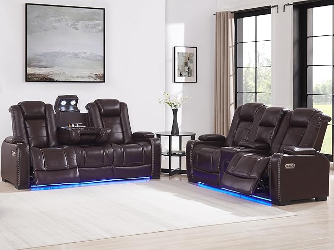 THSUPER Brown Leather Power Recliner Loveseat with Arm Storage and Bluetooth Speaker, Theater Seating Leather Living Room Reclining Loveseat with Cup Holders and Wireless Charging. | Breathable material, LED ambient light, USB and Type-C port, In a box...