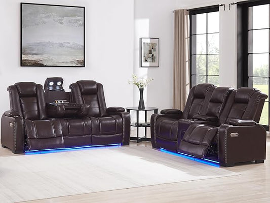 THSUPER Brown Leather Power Recliner Sofa Loveseat Sets with Arm Storage and Power Headrest, Leather Living Room Reclining Sofa and Loveseat Set with Cup Holders and Bluetooth Speaker.