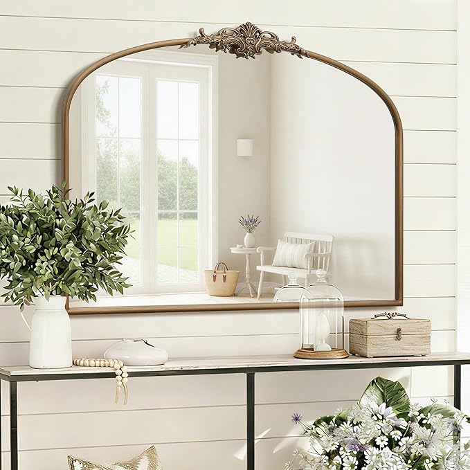 Besdomus Vintage Arched Gold Mirror: 40"x29" Large Matt Gold Antique Wall Mounted Mirror - Baroque Traditional Ornate for Entryway/Fireplace/Bathroom/Hallway - Home Decor for Fashion Women