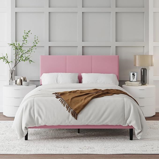 Full Size Bed Frame with Upholstered Headboard, Sturdy Wood Slats, No Box Spring Required, Silent, Easy Assembly,Pink