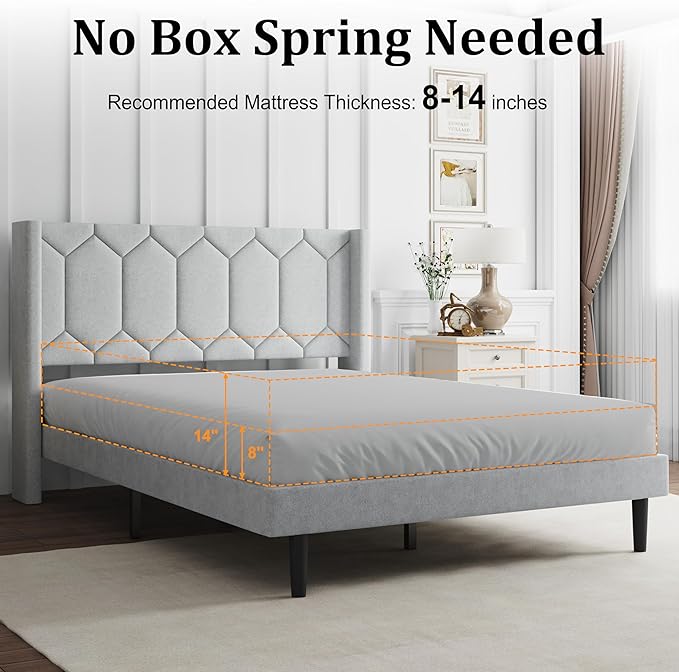 Full Size Bed Frame with Velvet Upholstered Headboard, Platform Bed Frame No Box Spring Needed, Modern Bedframe with Strong Wooden Slats, Light Gray