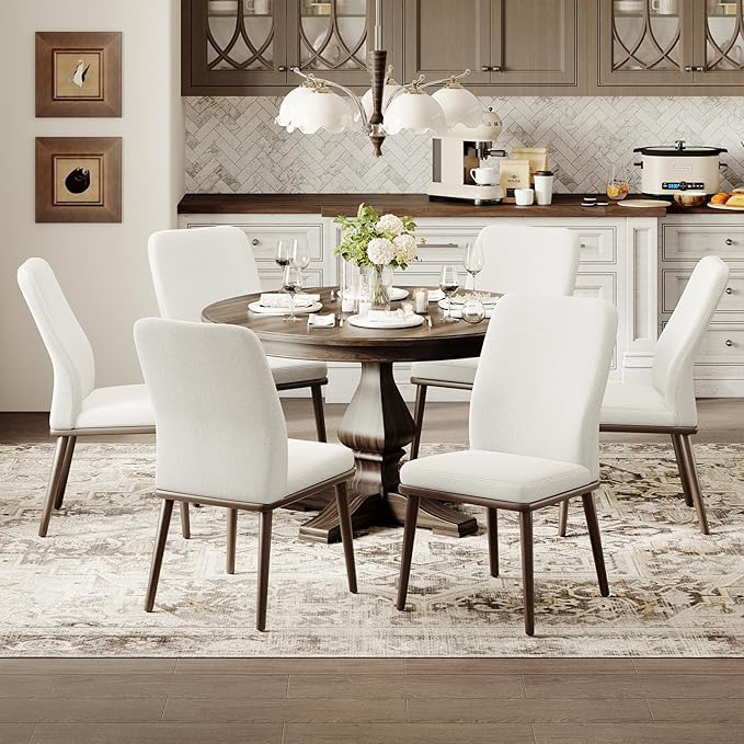 Upholstered Kitchen Chairs Set of 6, Modern Kitchen Chairs with High Back, Padded Fabric Dining Room Chair with Solid Wood Legs for Restaurant/Cafe/Home, Beige