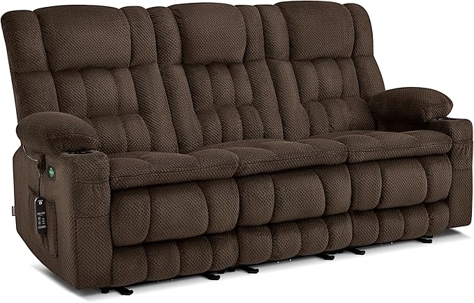 MCombo 80.7" W 3 Seater Power Reclining Sofa with Heat and Vibration Massage, Zero Gravity Recliner Sofa Couch for Living Room, Fabric 6316M3 (Brown, 3-Seater)