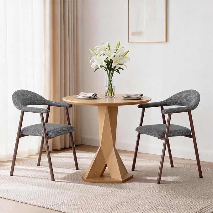 DUMOS Dining Chairs Set of 2, Modern Linen Fabric Upholstered Kitchen Side Chairs with Curved Backrest, Accent Farmhouse Metal Chairs for Kitchen Dining Room Restaurant Cafe, Gray