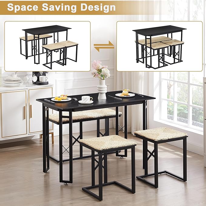 VECELO 43.3" Kitchen & Dining Table Set for 4, Rustic Farmhouse Style with 2 Benches and Wicker Cushions, Compact Metal Frame with Adjustable Foot Pads, Black