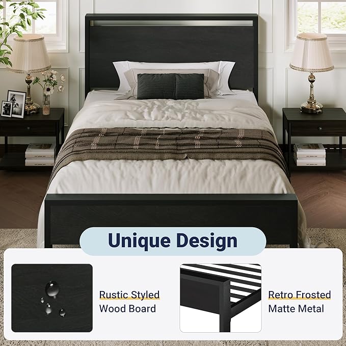 Allewie Twin Size Platform Bed Frame with Wooden Headboard and Footboard, Heavy Duty Metal Slats Support, No Box Spring Needed, Under-Bed Storage, Noise Free, Easy Assembly, Black Oak