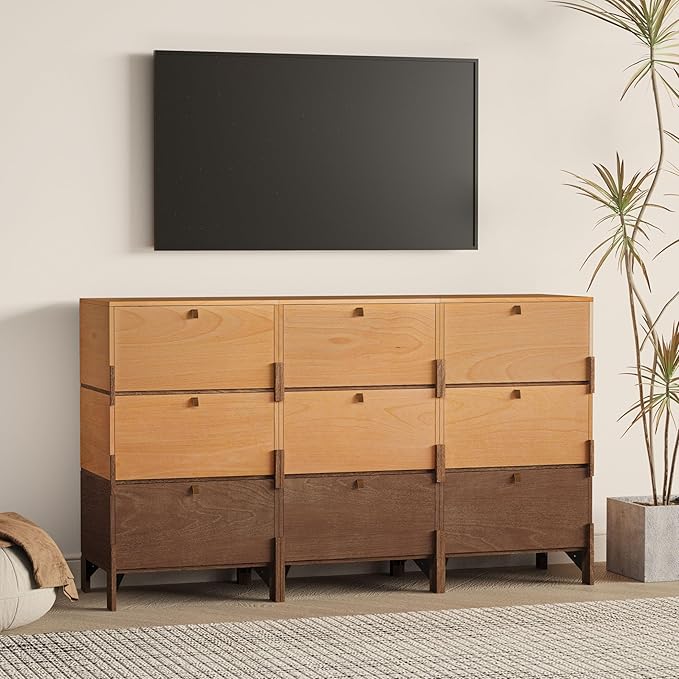 Sebastack Sideboard, Buffet Cabinet with 3 Storage Drawers, Easy Assembly Coffee Bar Wood Buffet Table for Kitchen, Dining Room, Bathroom, Basswood and Walnut Color Combo (1 pcs)