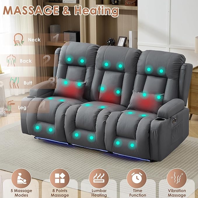 TUNYI Wall Hugger Loveseat Recliner Sofa with Console, Power Reclining Loveseat RV Couch with Massage & Heat/USB/Outlet/Storage/LED Light (Blue, 3 Seat)