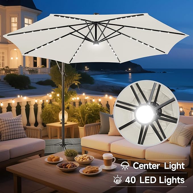 Solar Offset Patio Umbrella - 10 FT Solar Cantilever Umbrella Outdoor with 40 LED Lights and Cross Base, UV Protection for Garden, Deck, Backyard, Pool, Porch, Ivory