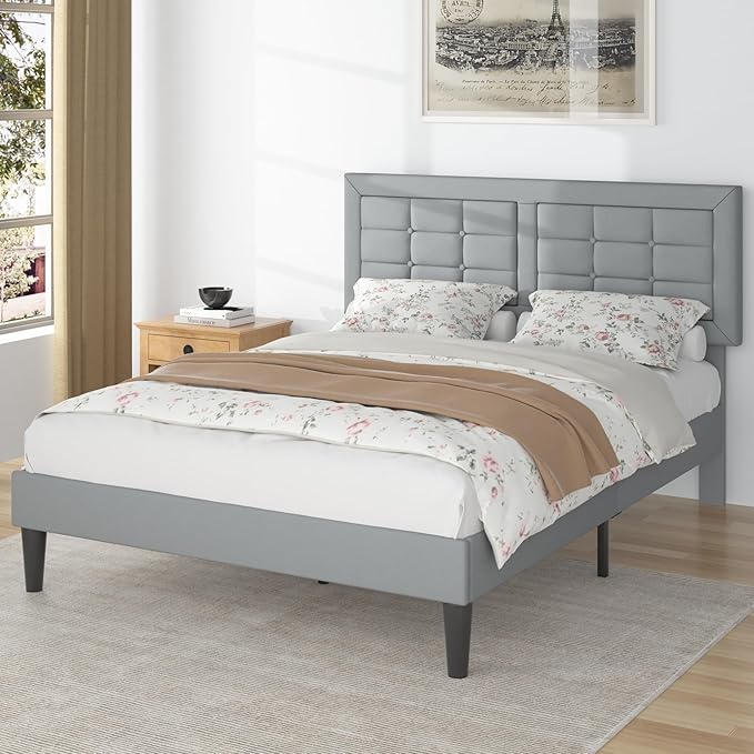VECELO Queen Size Bed Frame with Adjustable Headboard, Upholstered Button Tufted Platform Bedframe with Wood Slats Support, No Box Spring Needed, Linen & Light Grey