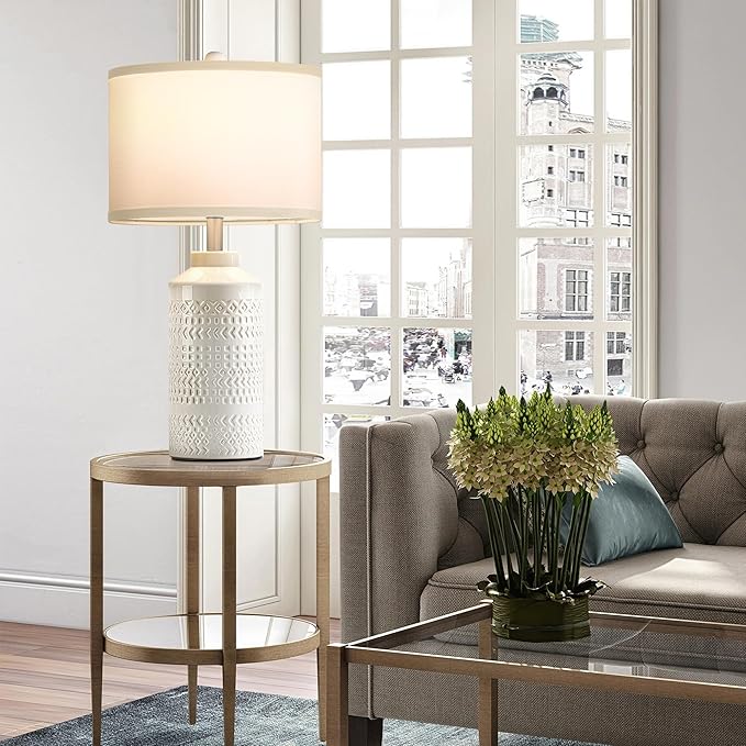 Set of 2 Modern Cream White Ceramic Table Lamps, 23.5" Elegant Farmhouse Bedside Lamps with White Linen Shade, Vintage Nightstand Lamps for Bedroom, Living Room & Entryway (Bulbs Not Included)