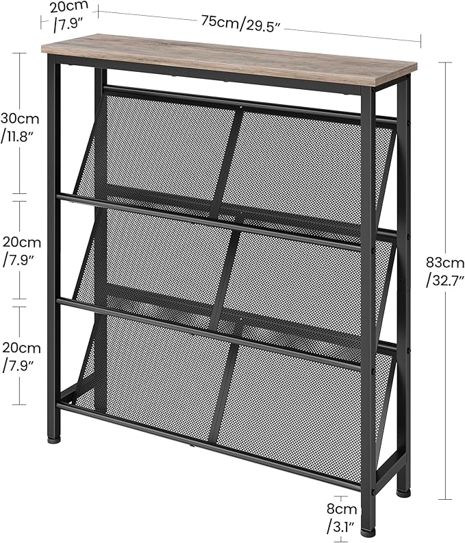Shoe Rack, 4-Tier Slanted Shoe Storage Shelf, Narrow Shoe Rack for Entryway, Shoe Organizer with Adjustable Feet, Slim Shoe Shelf with Wooden Top and Metal Frame, Greige and Black TXJ75BG