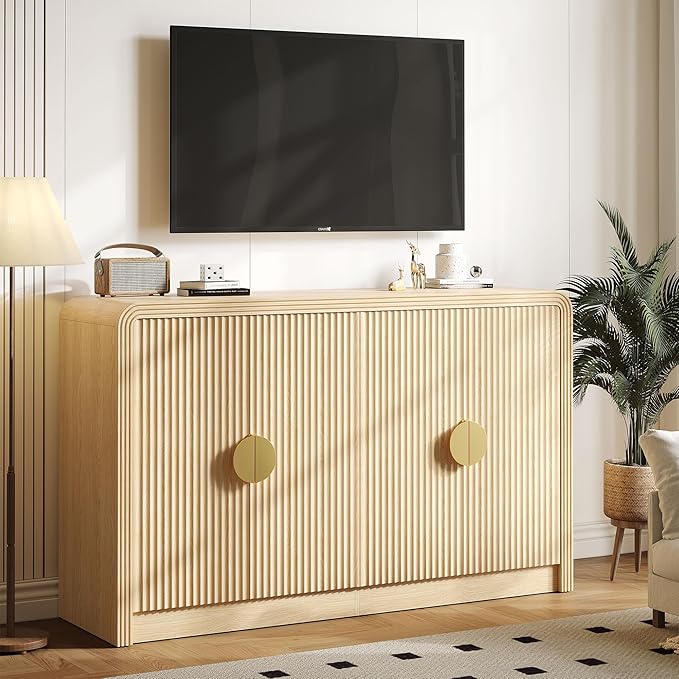 55" Buffet Sideboard Cabinet, Mid Century Modern Console Cabinet with Wavy Grain Doors & Adjustable Shelves for Kitchen Cabinets, Living Room, Entryway, Coffee Bar Cabinet (Natural Oak)