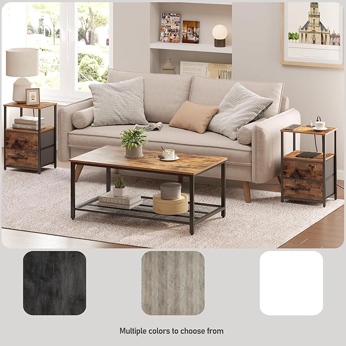 TUTOTAK End Table with Charging Station, Side Table with 2 USB Ports and Outlets, Nightstand with Cloth Drawer, Set of 2, Couch Table, Brown TB01BB052 | with Cloth Drawer