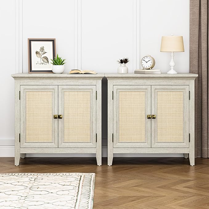 RoyalCraft Storage Cabinet Set of 2, Kitchen Sideboard with Rattan Decor Doors, Accent Buffet Cabinet with Adjustable Storage Shelf, Wood Storage Organizer for Dining Room, Living Room, White