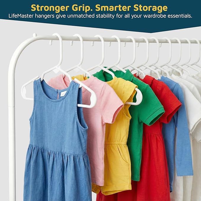 Lifemaster Plastic Kids Clothes Hanger – Children Clothes Hanger with Shoulder Notch, 11.6 Inch Space-Saving Closet Organizer for Baby, Toddler, and Kids Clothing, Hold Up to 5 lbs, Pack of 50, White