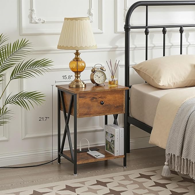 VECELO Nightstand Set of 2,End Tables with Charger Station,Bed Side Table with Open Shelf &USB Ports & Outlets,Small Dresser for Bedroom, Living Room,Rustic Brown