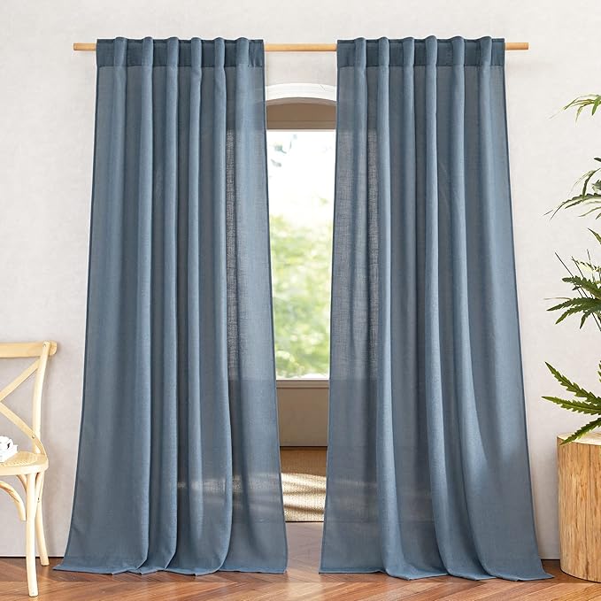 NICETOWN Stone Blue Linen Blend Curtains for Living Room, Rod Pocket & Back Tab Flax Linen Burlap Semi Sheer Privacy with Light Filtering Window Treatments for Bedroom, W52 x L90, 2 Panels