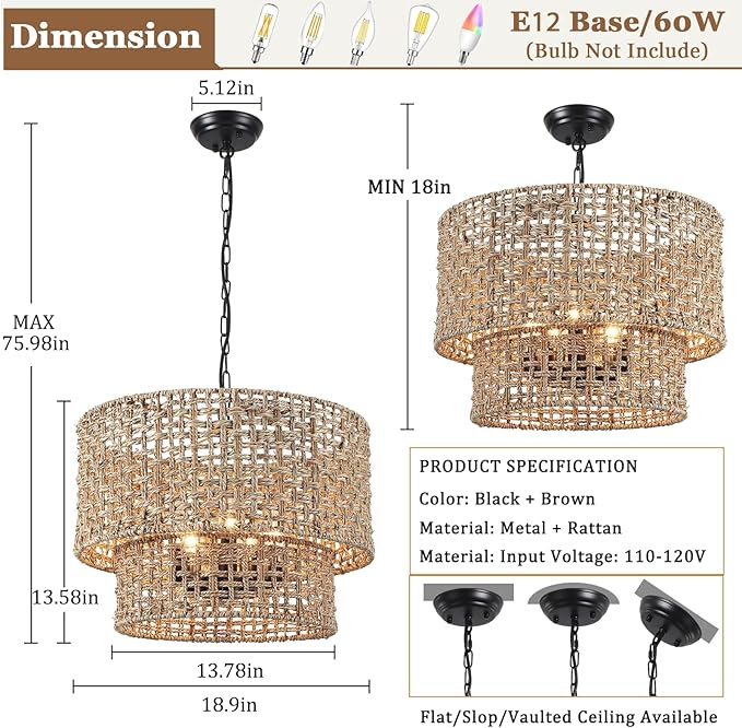 5-Light Boho Rattan Chandelier Light Fixture 19" Large Hand Woven Rustic Chandeliers Farmhouse Drum Hanging Light for Living Room Dining Room Kitchen Island Foyer Entryway, E12
