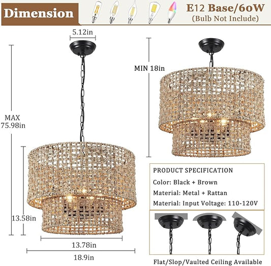 5-Light Boho Rattan Chandelier Light Fixture 19" Large Hand Woven Rustic Chandeliers Farmhouse Drum Hanging Light for Living Room Dining Room Kitchen Island Foyer Entryway, E12