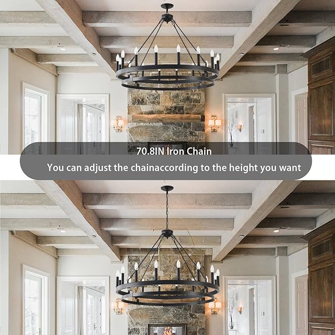40 inch Black Wagon Wheel Chandelier,Farmhouse Industrial Country Style Round Pendant Light Fixture,Round Ceiling Light fixtures for Outdoor Porch high Ceilings Living Dining Room Foyer Entryway