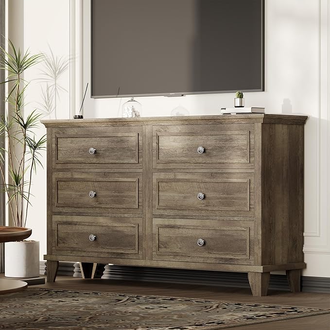 IDEALHOUSE 6 Drawer Dresser, Wooden Storage Chest of Drawers with Exquisite Metal Handles, Large Wide Dresser TV Stand, Modern Drawer Organizer for Bedroom, Living Room, Hallway, Entryway, Grey