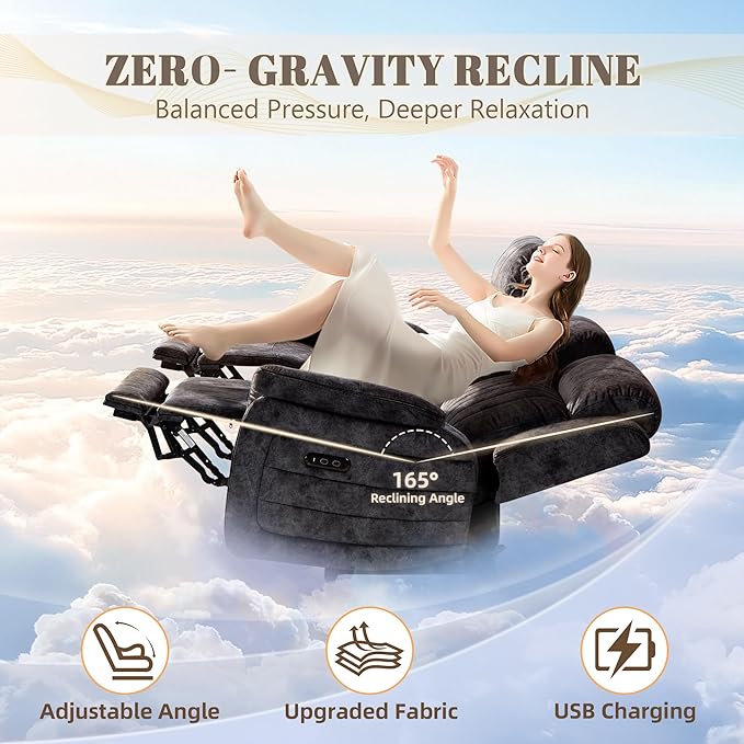 Zero Gravity Power Recliner Sofa Couch – Electric Reclining Sofa with Drop Down Table & Wireless Charging, 3 Seater Dual Reclining Couch with Adjustable Headrests for Living Room (Velvet, Grey)