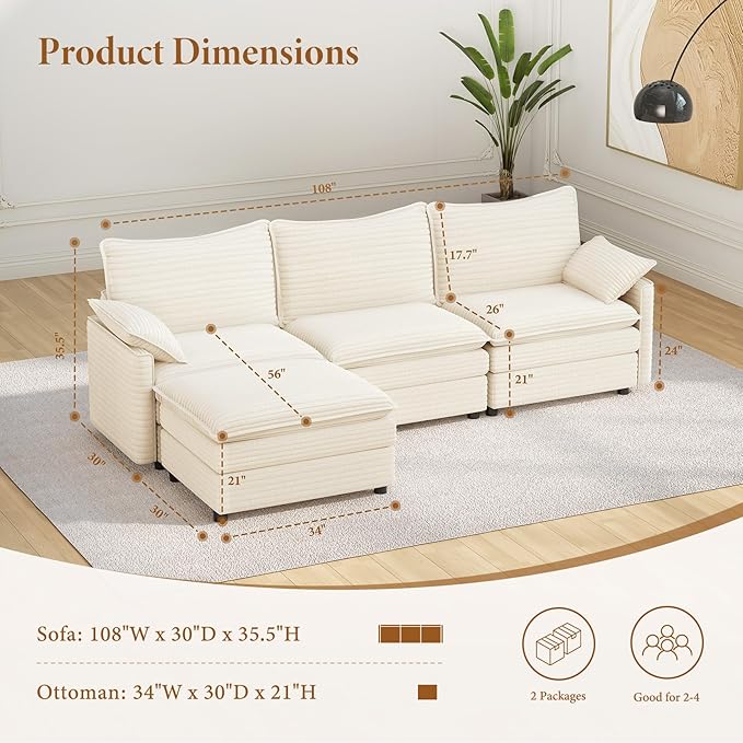 Vesgantti 108" Modular Sectional Sofa, Comfy Cloud Couch with Movable Ottoman Deep Seat Corduroy L Shaped Modular Sofa, Sectional Couches for Living Room, Bedroom and Apartment, Beige | Sink-in Comfort, Height Adjustable, Easy Rearrangement, Extra-deep...
